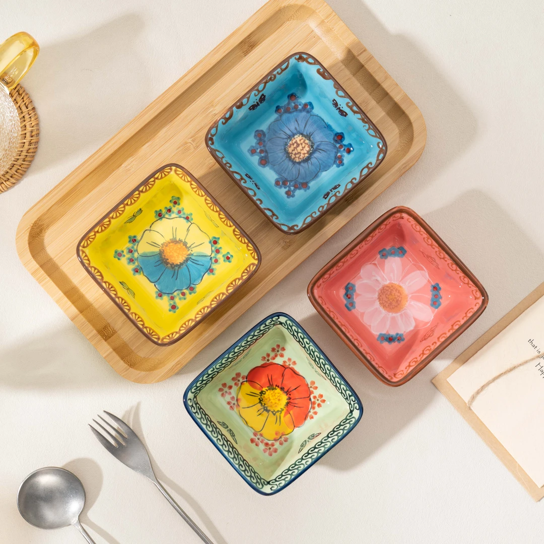 【SILESIA/出口原单】手绘色彩琉璃-4英寸四方烤碗四色装