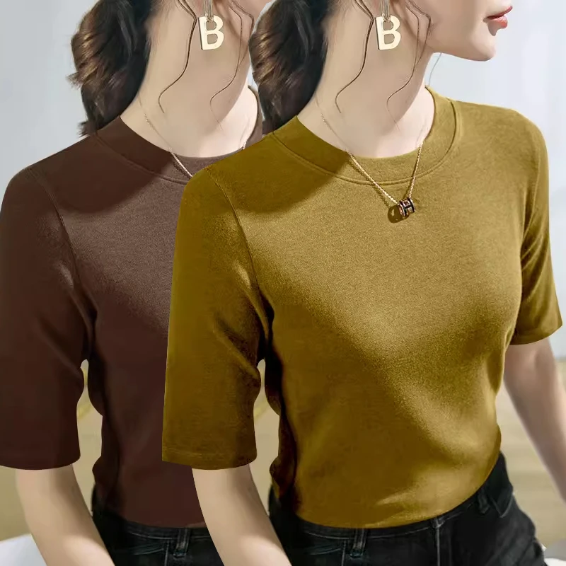 【现货速发】黑色小立领打底衫女中袖百搭显瘦新款春夏五分袖上衣女