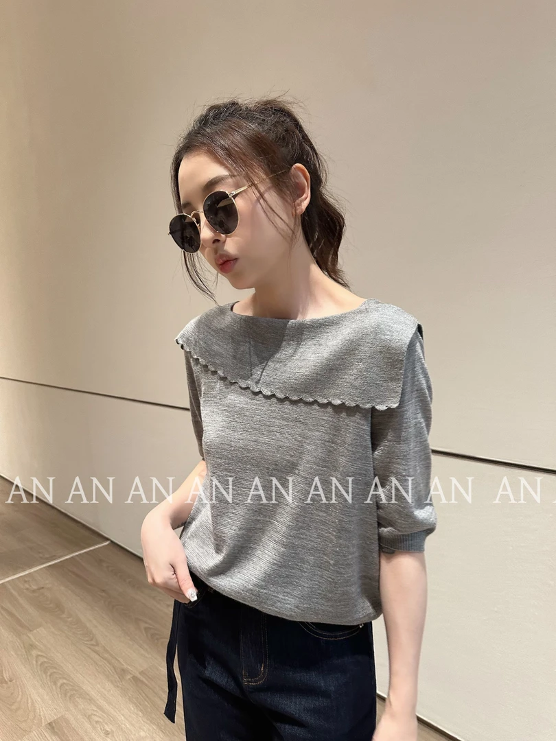 C07218天丝设计感小众宽松套头波浪边翻领短袖针织衫