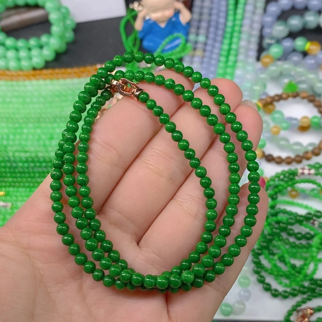 颈饰未镶嵌翡翠缅甸天然翡翠辣绿小米珠项链4