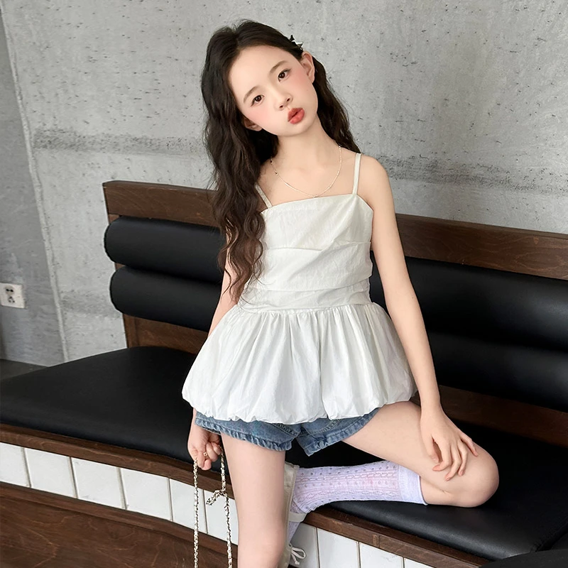 女童夏季薄款吊带套装中大童女孩洋气时髦儿童夏装牛仔短裤两件套