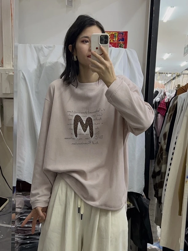 （微风）宽松长袖t恤女圆领百搭打底衫上衣