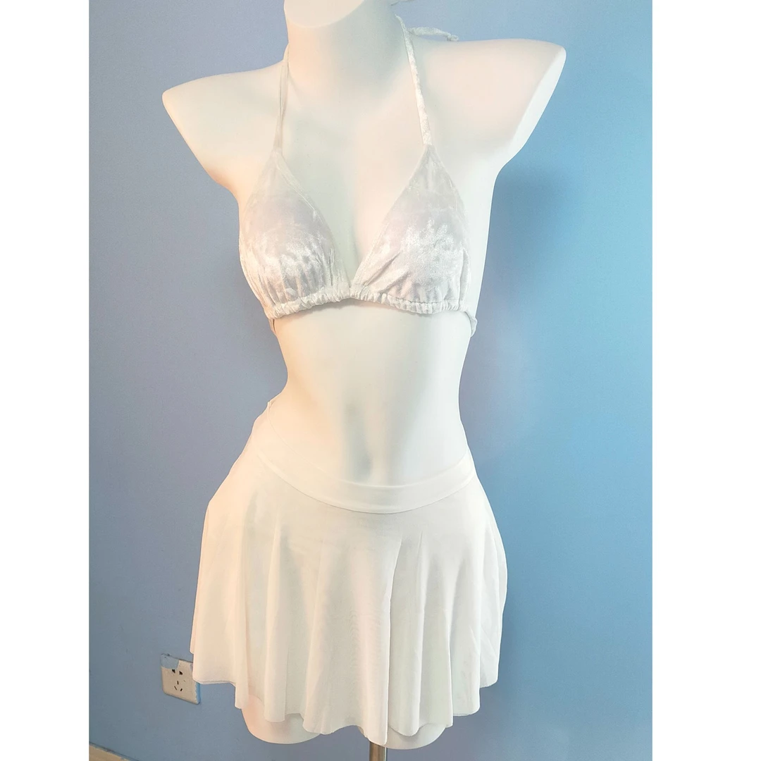 纯欲风甜美优雅丝绒奶白色游泳衣新款比基尼三件套带裙