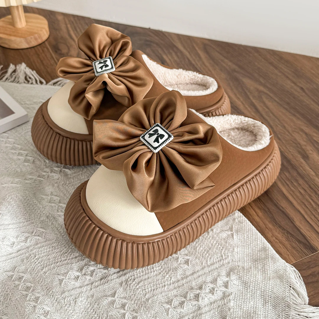 女士蝴蝶结棉拖鞋秋冬季厚底防滑家居室内家用毛绒保暖棉拖女