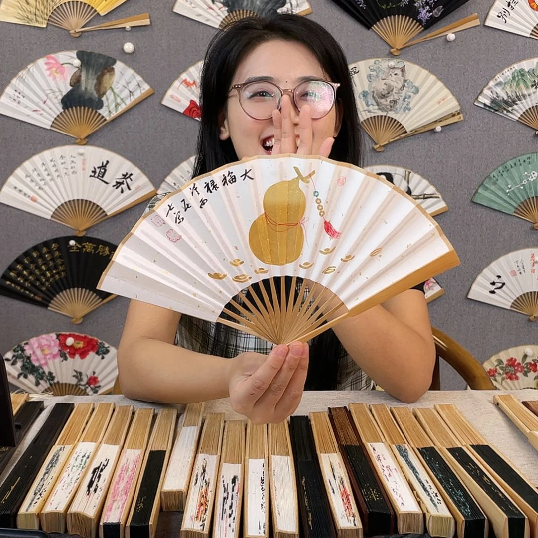 书法6寸玉竹-纯手绘-文玩扇骨（默认粘好）