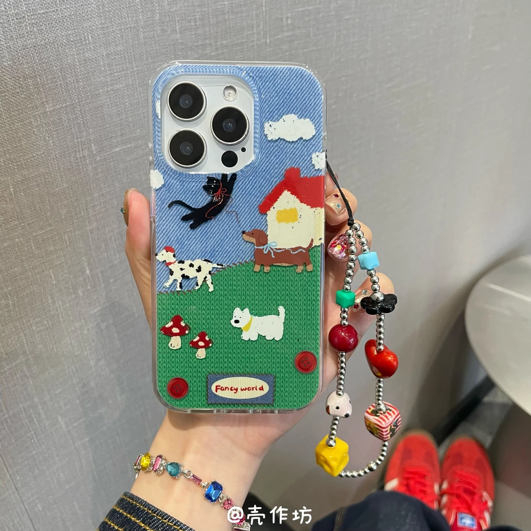 牛仔纹拼接小动物苹果手机壳iPhone16/15/14/13防摔可爱趣味设计