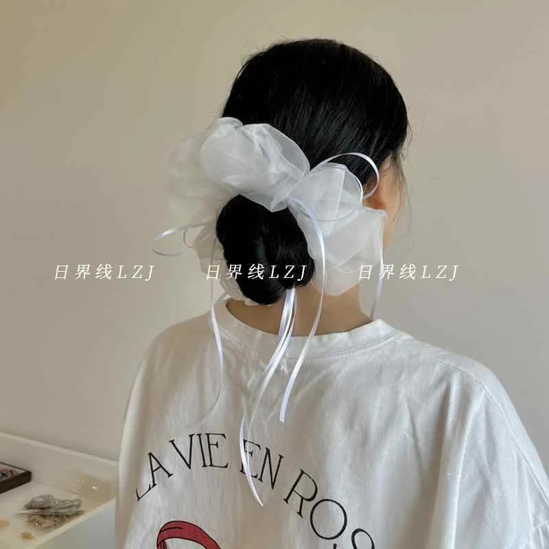 芭蕾风温柔韩系网纱白色大肠发圈可爱丝带蝴蝶结超大头花仙气发绳