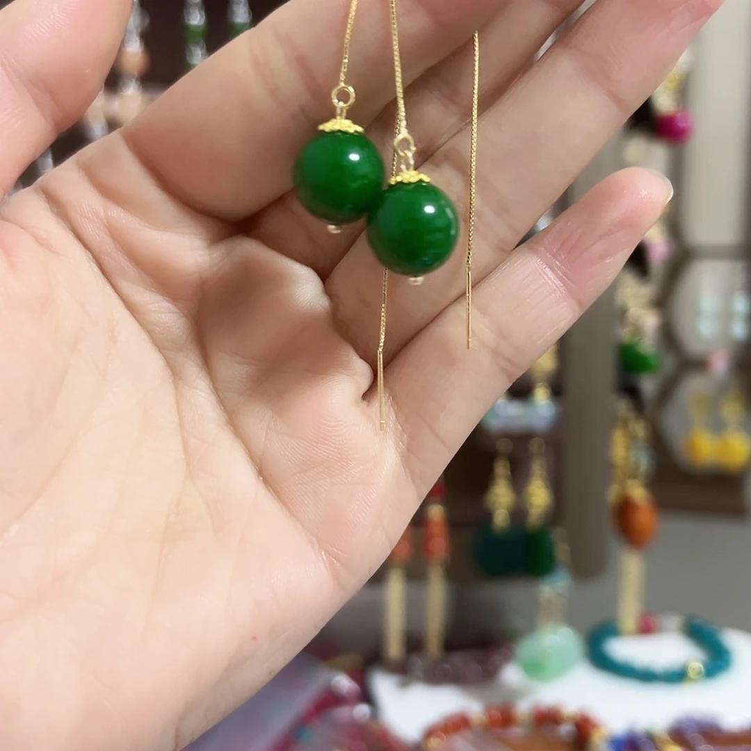 银S925镶嵌耳钉玛瑙/玉髓绿色耳线