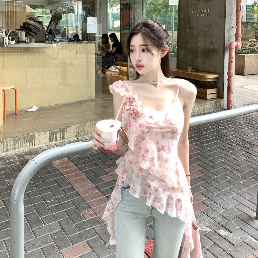 碎花不规则吊带收腰背心甜辣小个子夏季新款上衣荷叶边显瘦雪纺衫