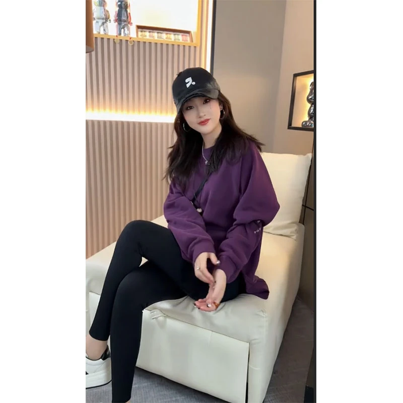 欧货2025秋冬新款时尚洋气中长款圆领卫衣开叉潮流街头风穿搭长袖