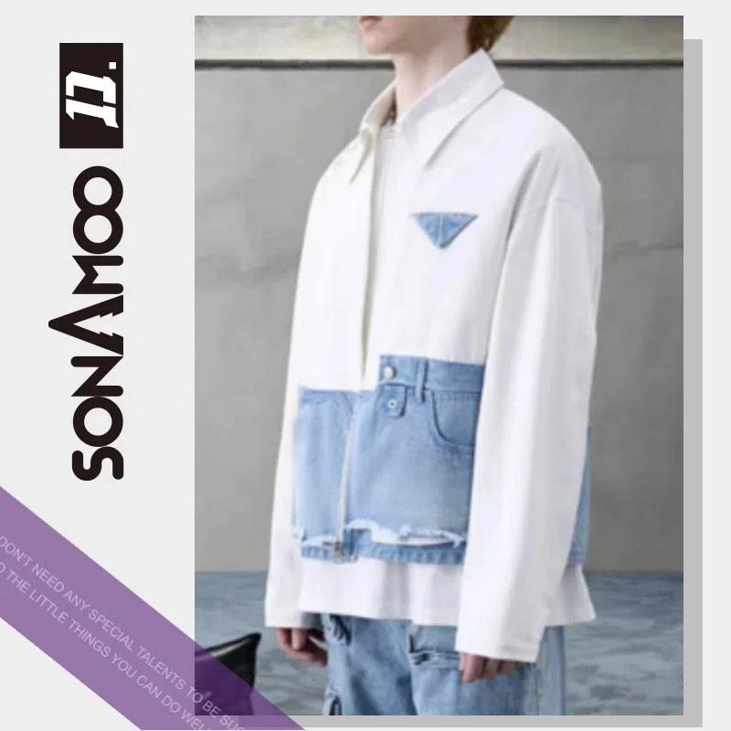 D18991加棉字母重工洗水拼接男士秋冬百搭牛仔外套