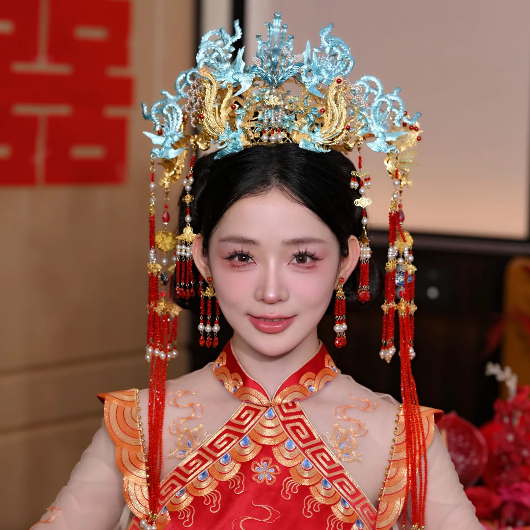 予禧-15410新娘大气饰中式黄色古风汉服秀禾服龙凤褂流苏发饰