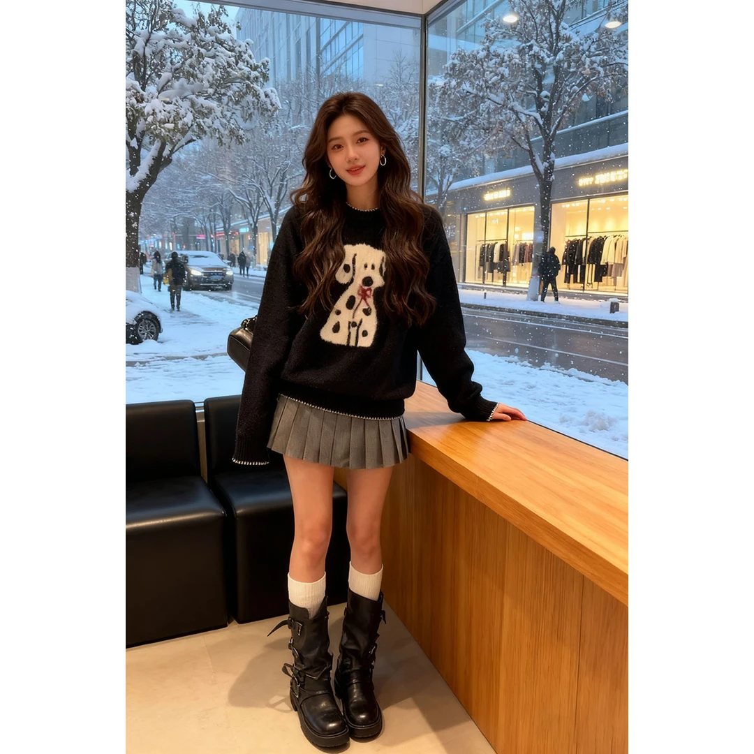 美式复古慵懒风小狗刺绣针织衫毛衣女秋冬新款格纹百褶半身裙套装