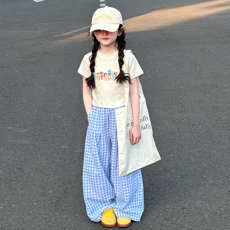 女童夏装套装2025新款儿童洋气夏季大童女孩短袖t恤阔腿裤两件套