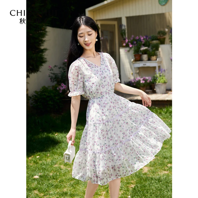 【艾美】秋水伊人雪纺连衣裙夏装收腰气质6623204D020605