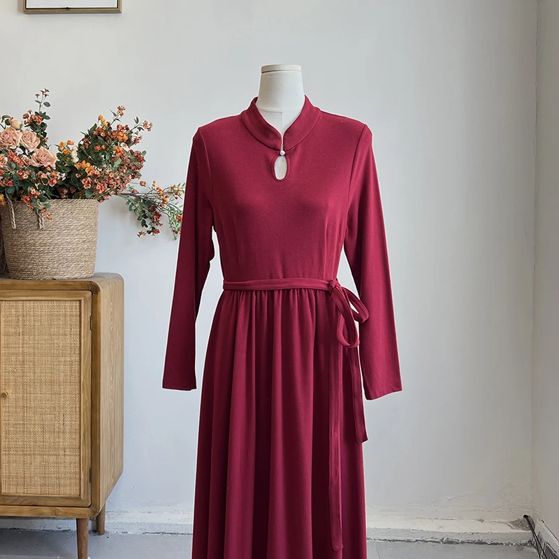 609连衣裙《似雾如风》设计师秋冬新款酒红色气质显瘦连衣裙