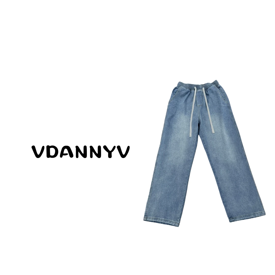 秋冬飘带软牛仔 松紧裤腰百搭休闲直筒裤  男女同款