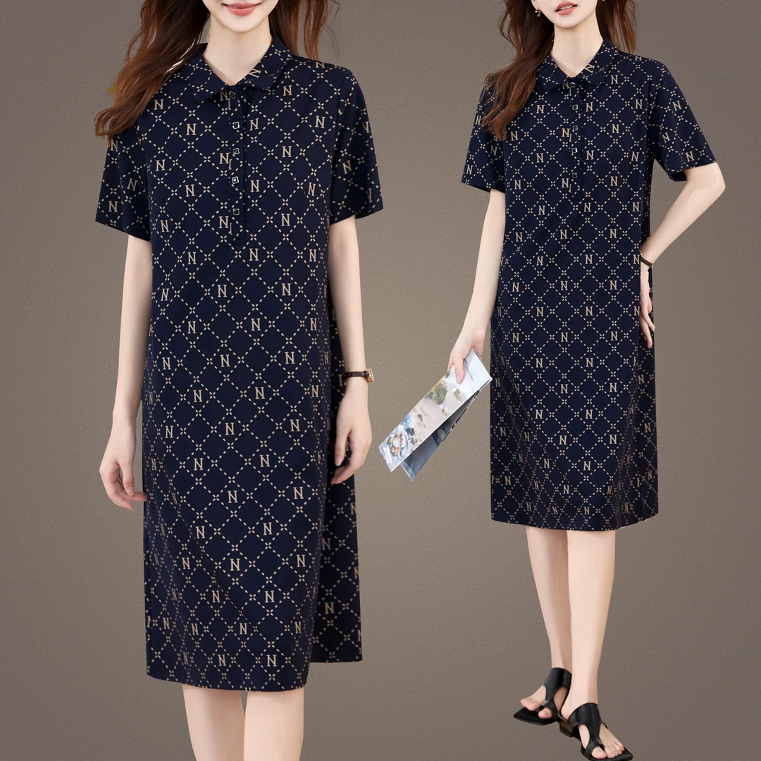 恩狐2025夏季新款连衣裙妈妈装夏装时尚宽松短袖中长款裙子中老年