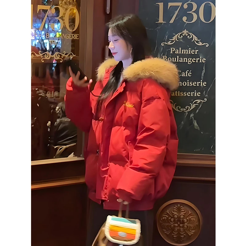 酒红色美式短款棉服男女款冬季情侣外套连帽毛领高级感加厚面包服