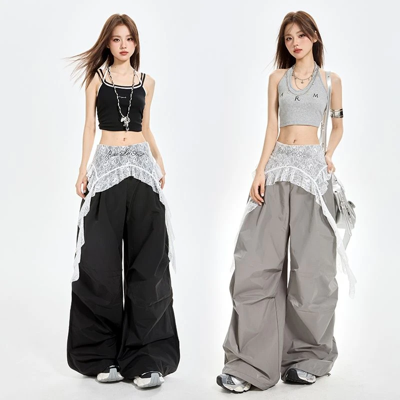 JWUW蕾丝拼接假两件阔腿工装裤女2025夏季薄款褶皱宽松弯刀休闲裤