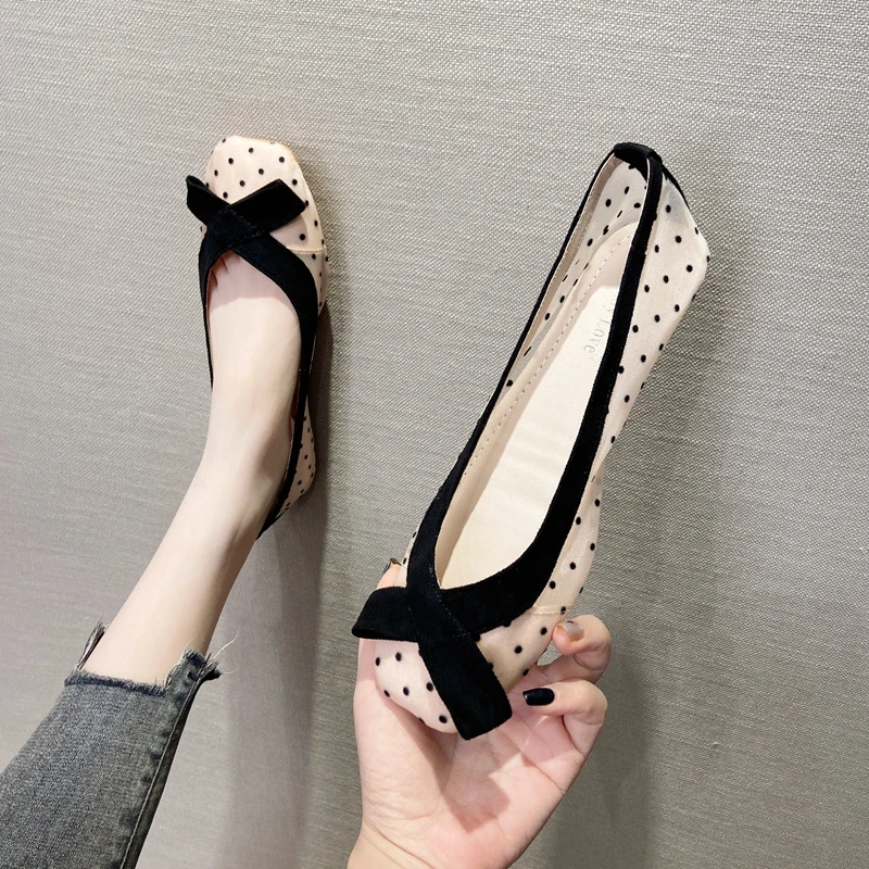 法式波点网纱透气平底鞋方头单鞋夏季时尚软底平跟豆豆鞋大码船鞋