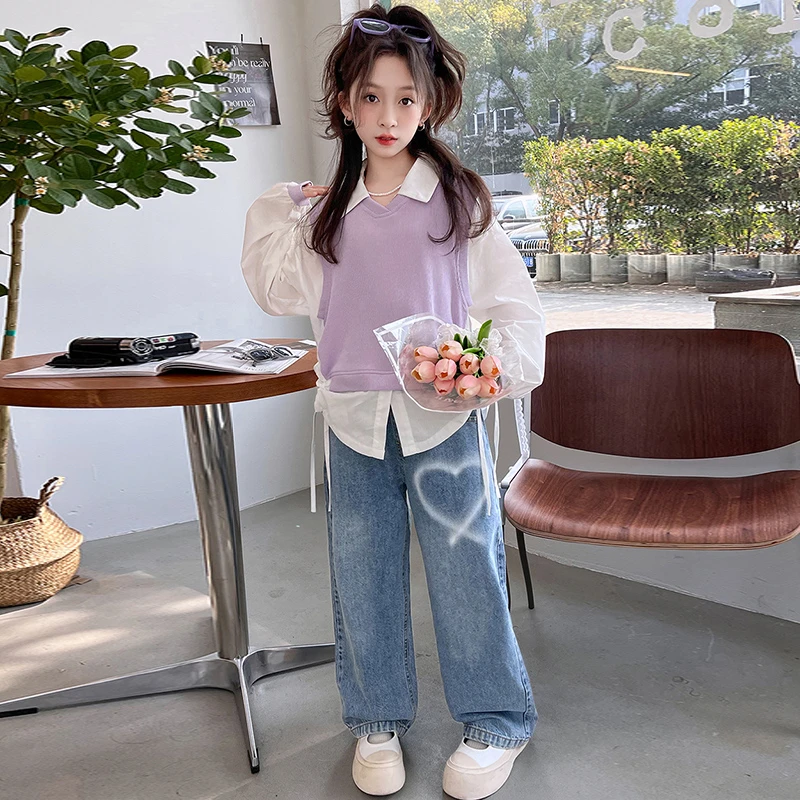 女童春秋款时髦假两件卫衣套装洋气春装2025新款中大童春季两件套