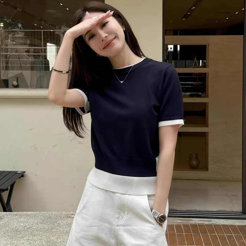 芊芊芙莱赛尔撞色假两件针织衫女夏2025新款韩版短袖t恤修身上衣