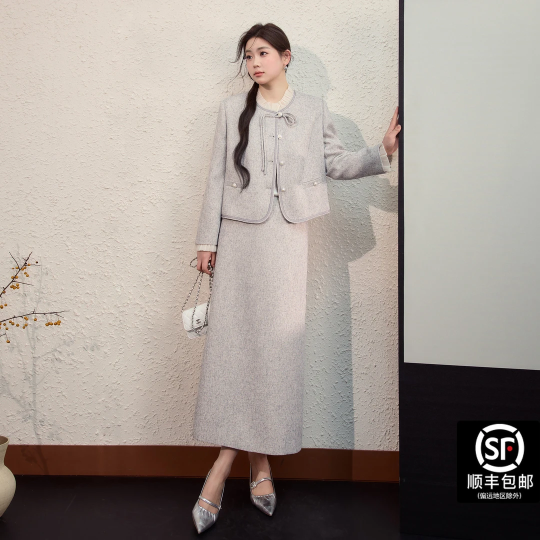 蓝语大码女装新中式国风套装秋冬小香风外套上衣高腰半身裙02861