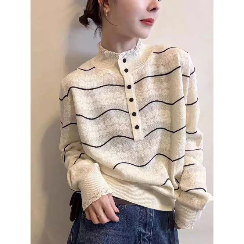 【 精纺羊毛】半开领设计感半高领条纹蕾丝针织衫毛衣欧根纱打底衫