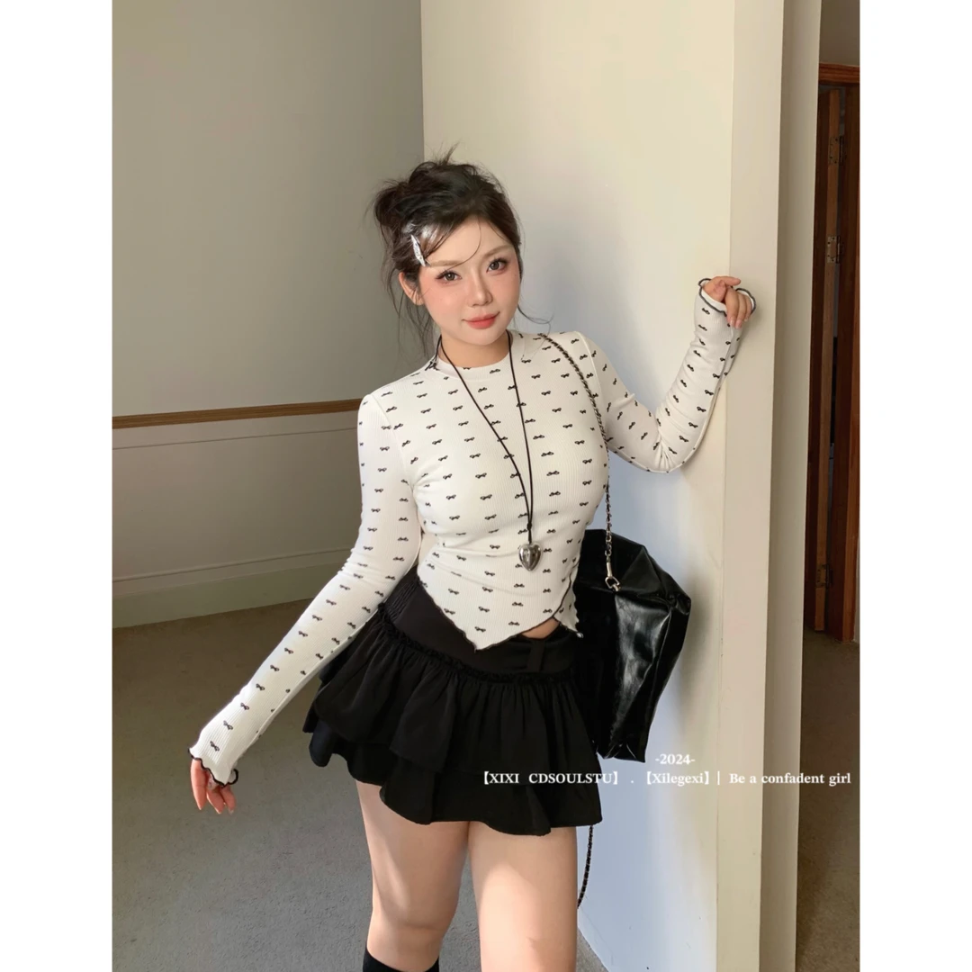 SWEET【少女绮想】大码不规则短款设计感蝴蝶印花长袖T恤打底上衣
