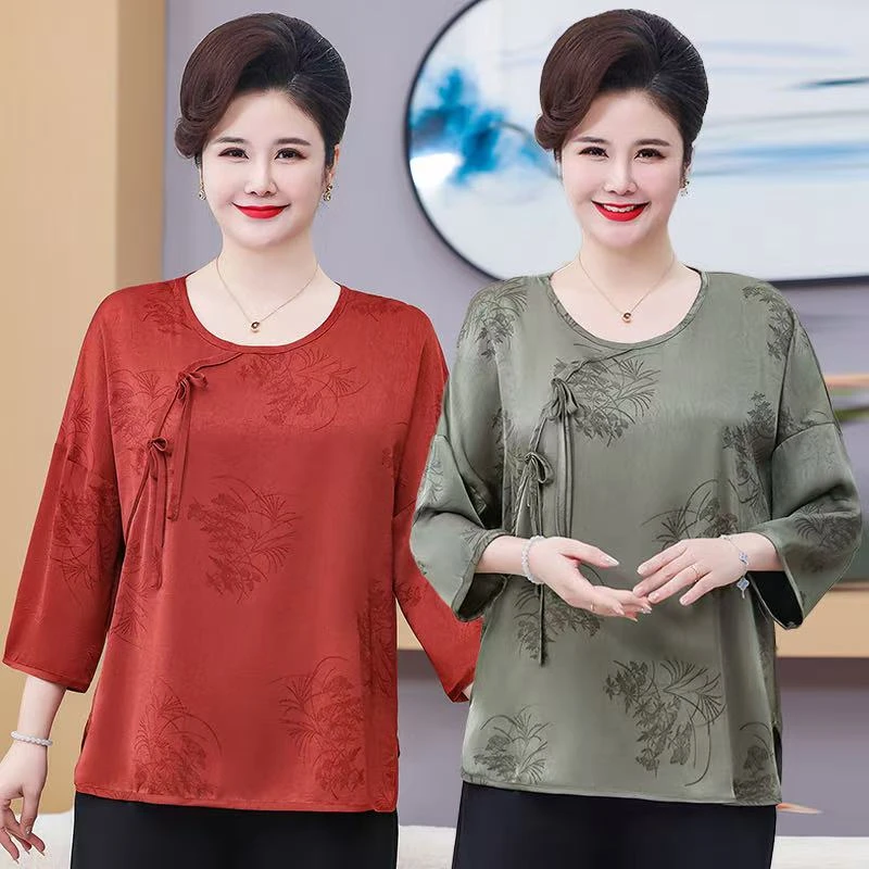 130-夏季胖妈妈大码冰丝段上衣流苏短袖加肥显瘦贵气圆领半袖女