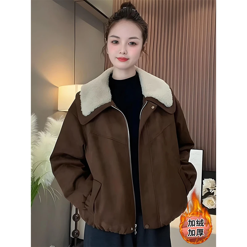 拉夏贝尔加绒加厚短宽松外套女2025冬季新款洋气保暖翻领时尚上衣