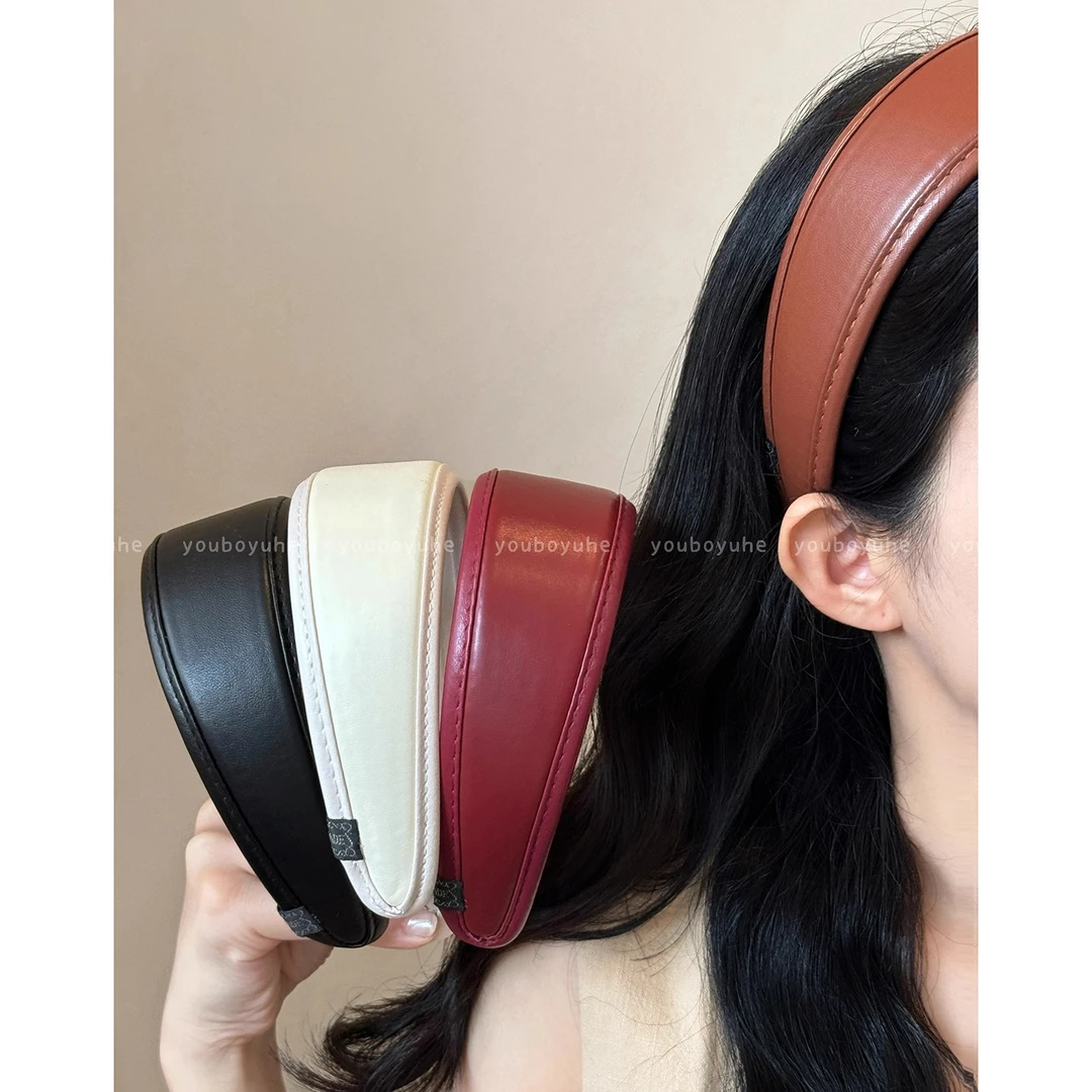 复古纯色皮革宽边发箍高品质2025新款高颅顶压发发饰头箍头饰发捆