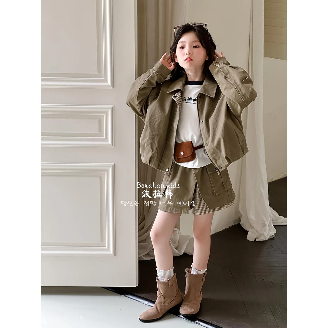 韩系女童两面穿外套2025秋季新款儿童假两件短裙洋气两件套套装