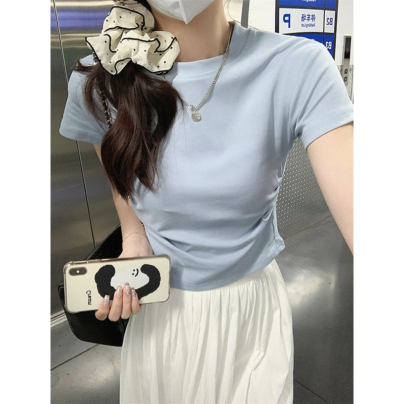 纯棉短袖打底衫内搭t恤女夏季辣妹修身显瘦褶皱收腰短款正肩上衣