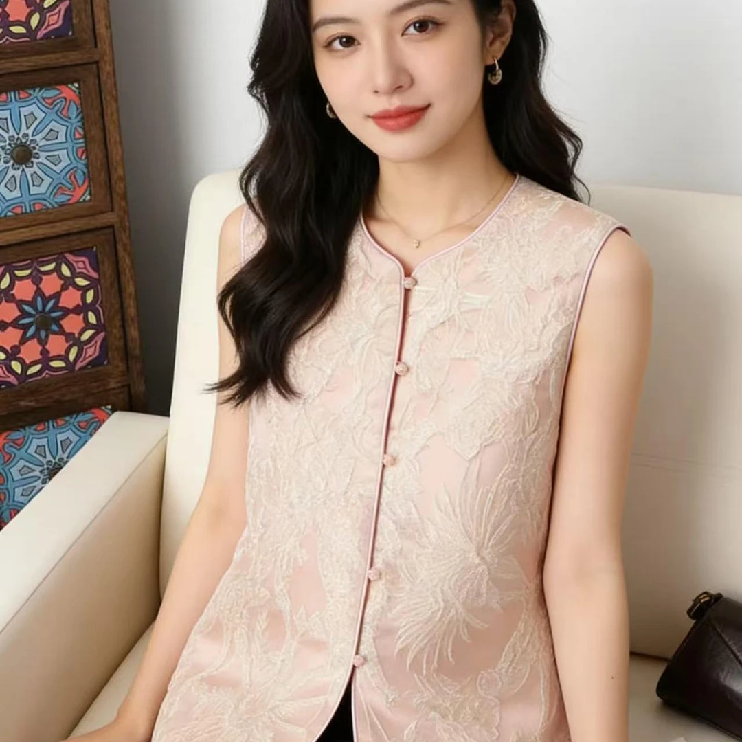 新款双面穿织锦提花保暖新中式国风无袖马甲女