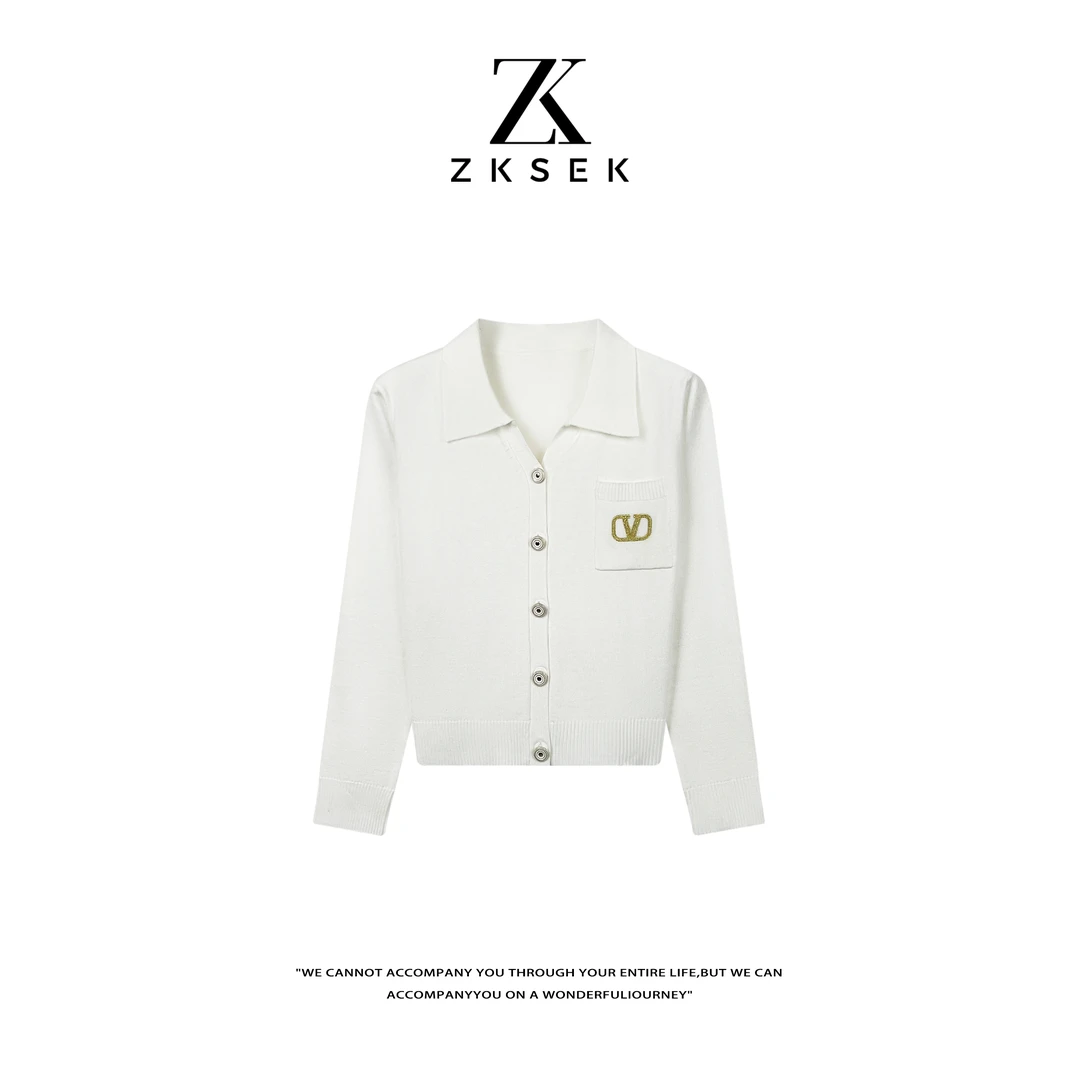 ZKSEK丨2025秋季新款Z21POLO领口袋装饰针织开衫外套女-9057#