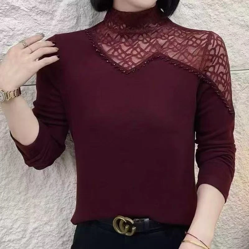 秋冬季新款时尚镂空长袖半高领修身上衣打底衫