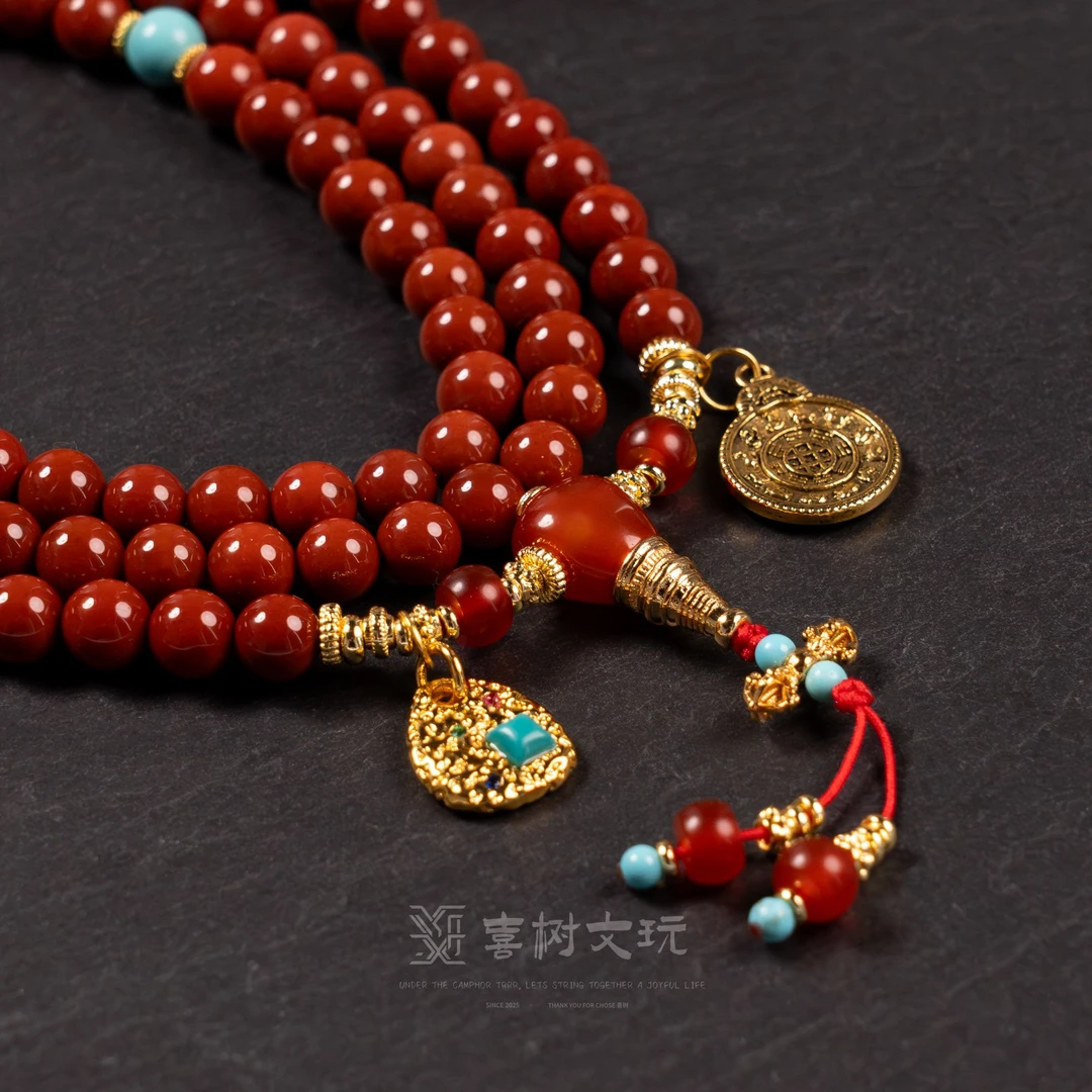 7mm圆珠满肉柿子红108长串+天空蓝顶珠腰珠配饰