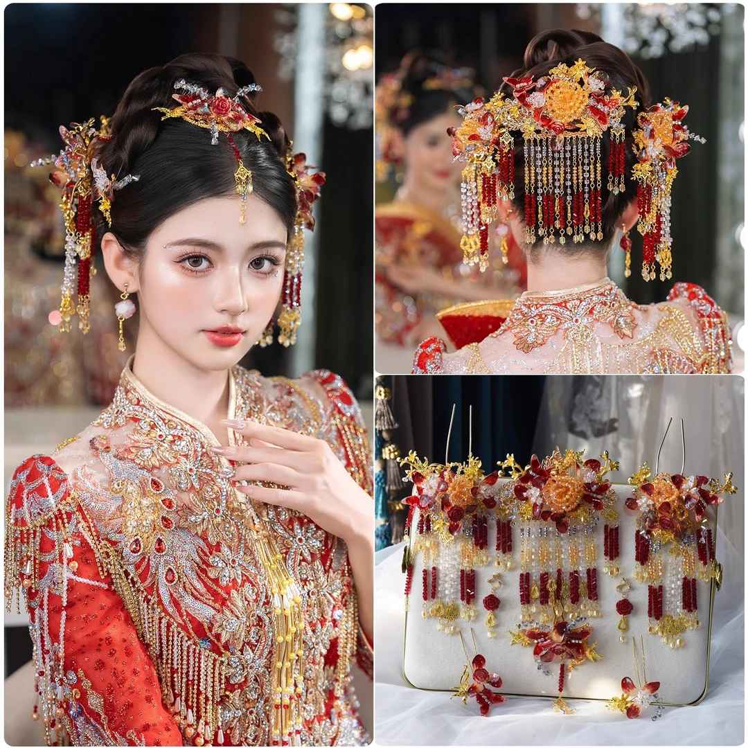 甜美秀禾头饰2025新款高级感减龄红金花朵中式发饰新娘龙凤褂配饰