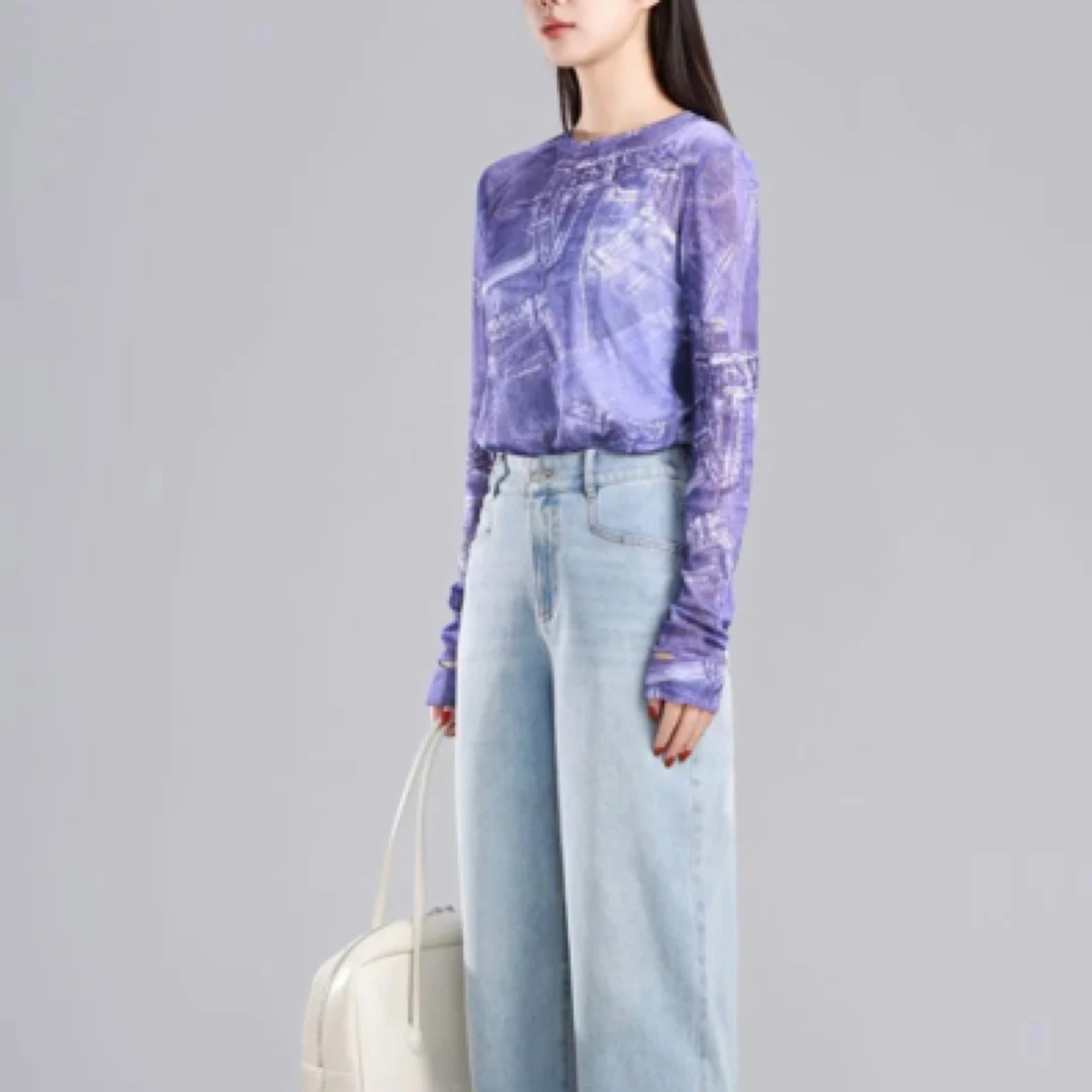 「紫藤苏」水晶纱肌理感小圆领修身长袖纱衣1300959