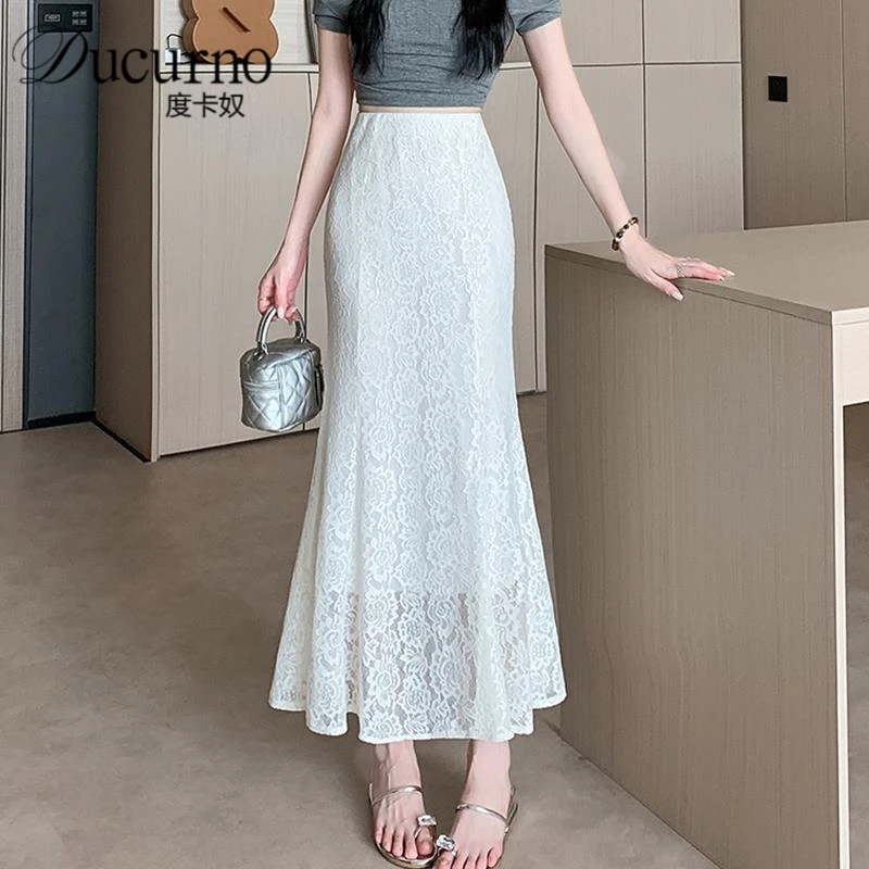 白色镂空蕾丝拼接半身裙女夏季中长款高腰辣妹A字法式包臀鱼尾裙