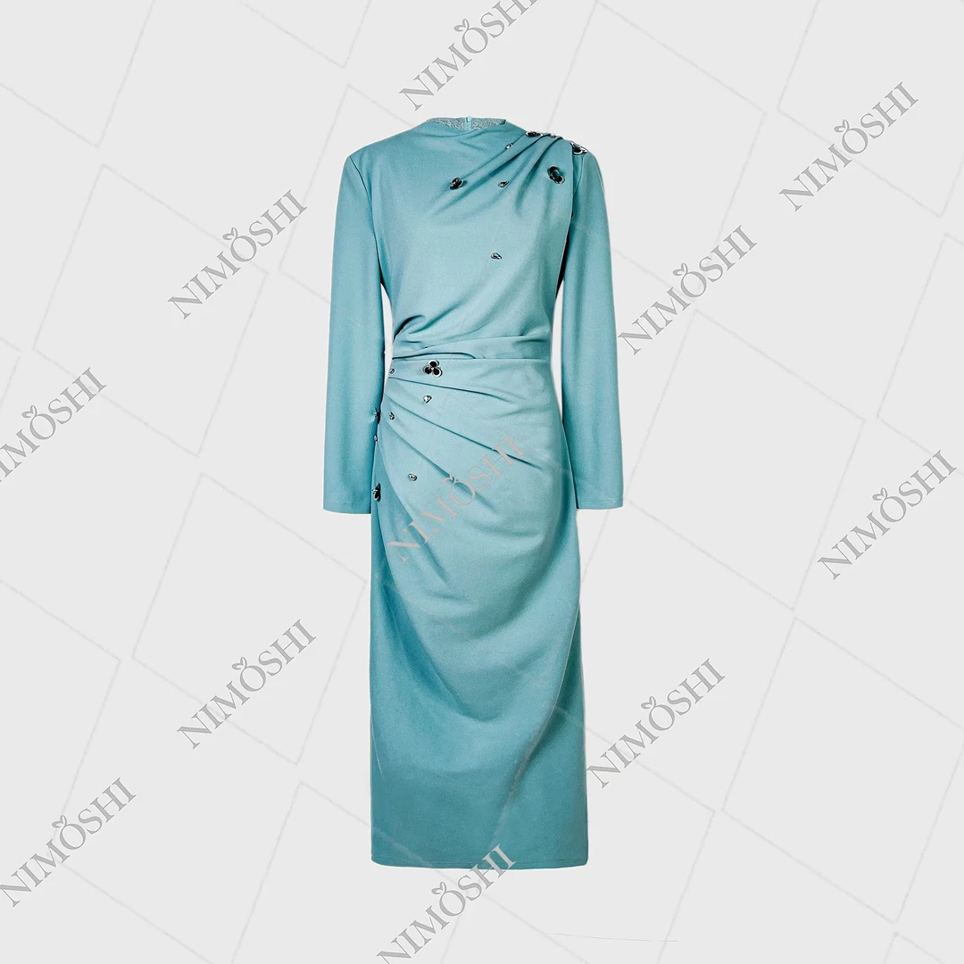 NIMOSHI【莎莎】法式感重工钉珠高端大气褶皱修身包臀连衣裙子Q1113