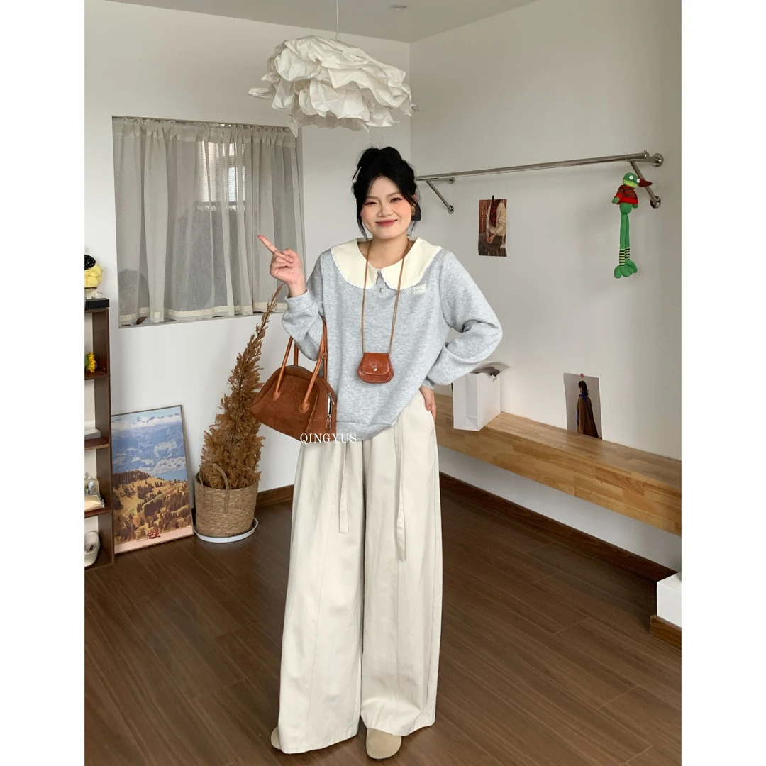 青屿衫-微胖韩系时尚设计感撞色娃娃领正肩套头卫衣秋季大码上衣