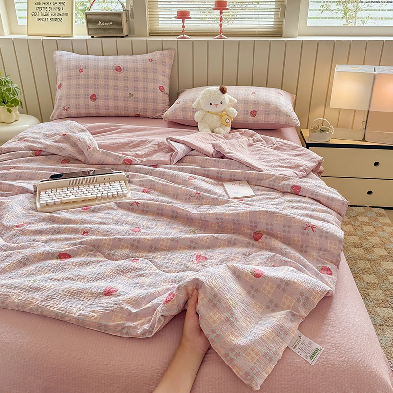 无花边夏季冰凉双层纱夏被四件套可机洗皱皱纱空调被薄被子夏凉被