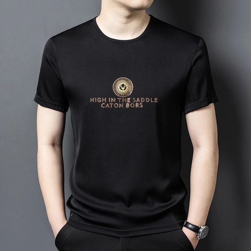 真丝夏装圆领T恤桑蚕丝薄款时尚烫钻舒适透气男士轻奢休闲短袖t恤