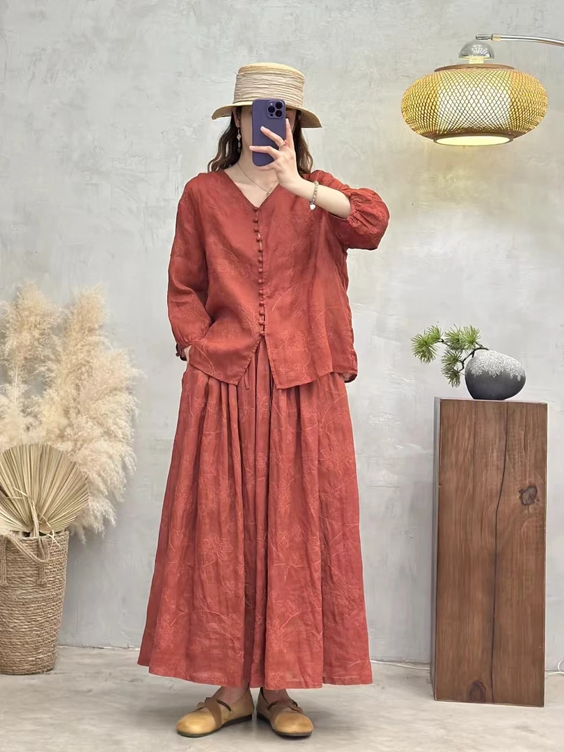 2025新款苎麻重工刺绣花V领九分袖泡泡袖气质百搭小衫防晒衫套装