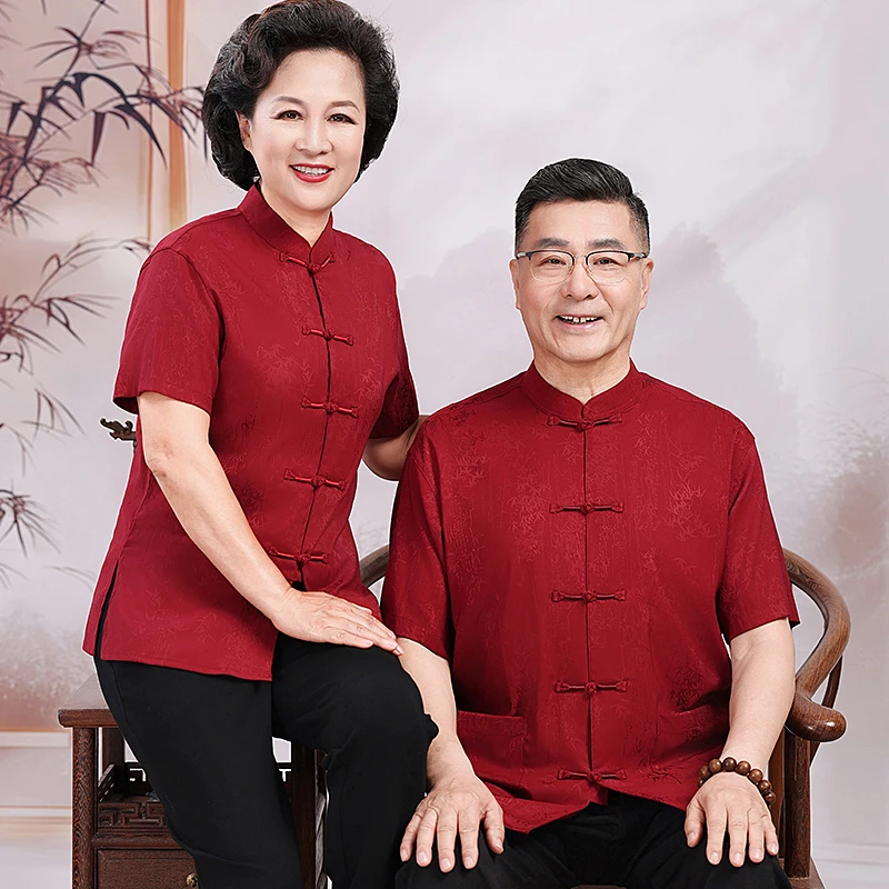 中国风情侣装夏装唐装男女老年人男装爸爸装70岁红色喜庆短袖上衣