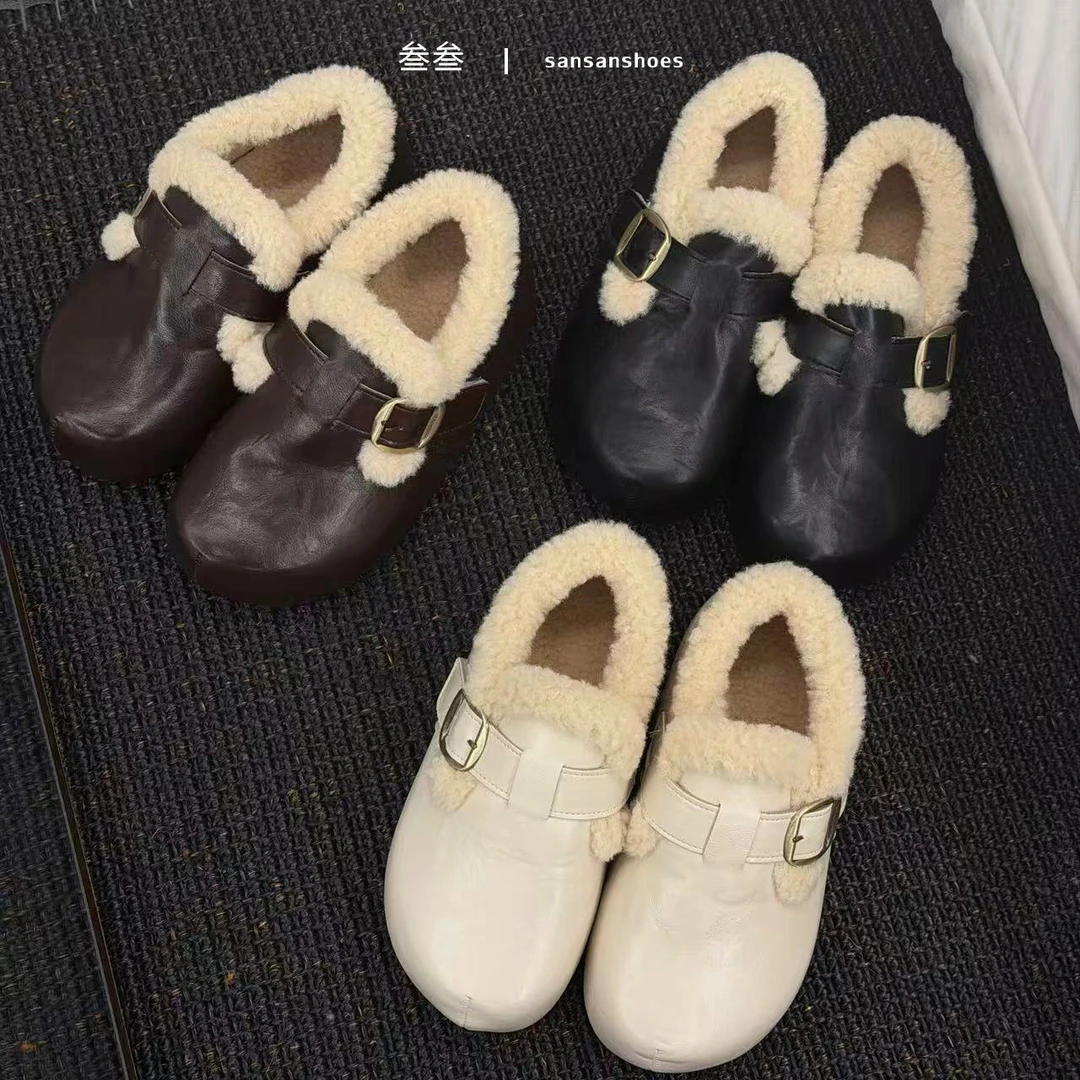 厚底增高冬季外穿加棉毛毛鞋口单鞋休闲潮流风纯色休闲风棉鞋