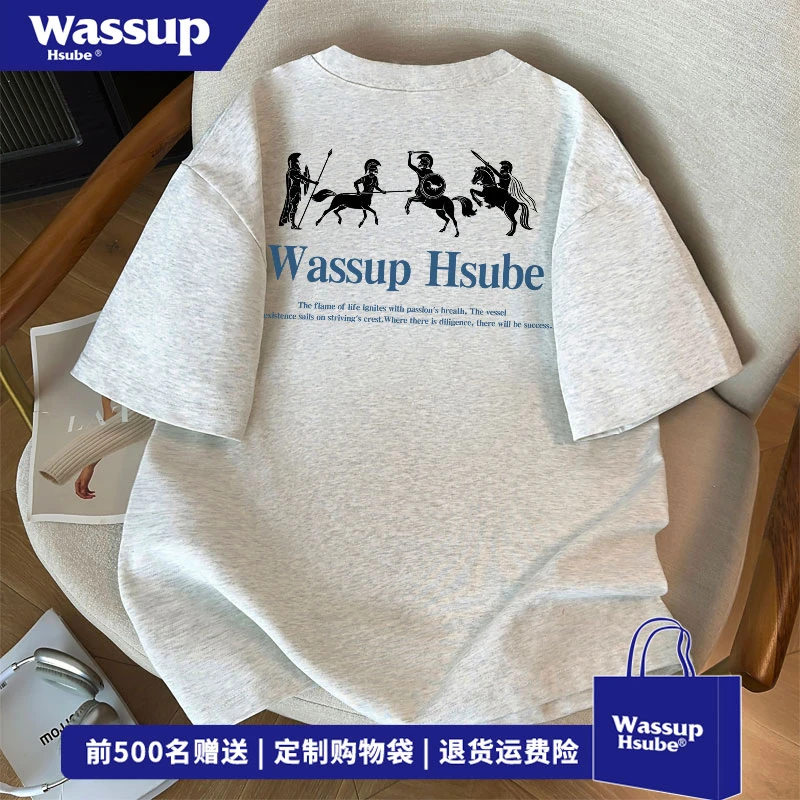 WASSUP HSUBE 复古风美式图案印花短袖T恤夏季新款百搭纯棉上衣男